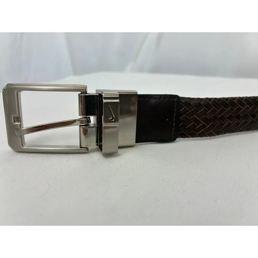 Nike Woven Braided Leather Belt Reversible 36 Brown Black Silver Tone Classic